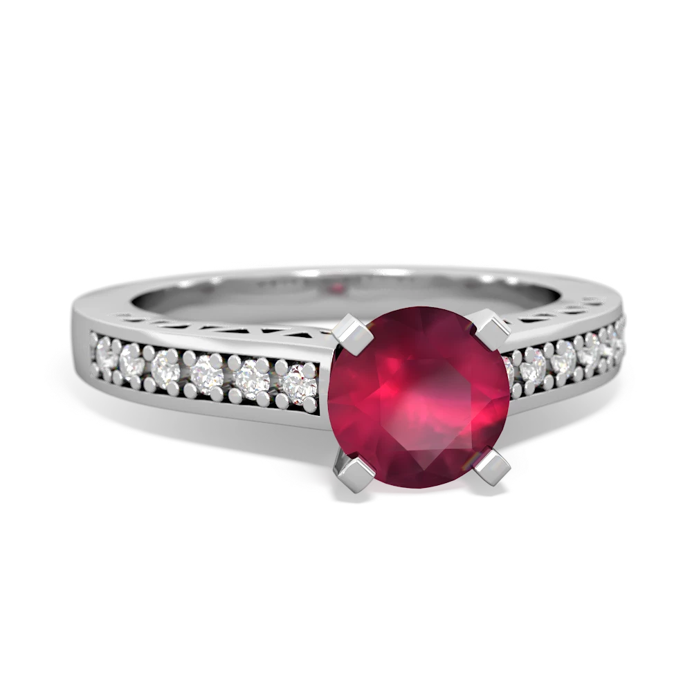 Ruby Art Deco Engagement 6Mm Round 14K White Gold ring R26356RD