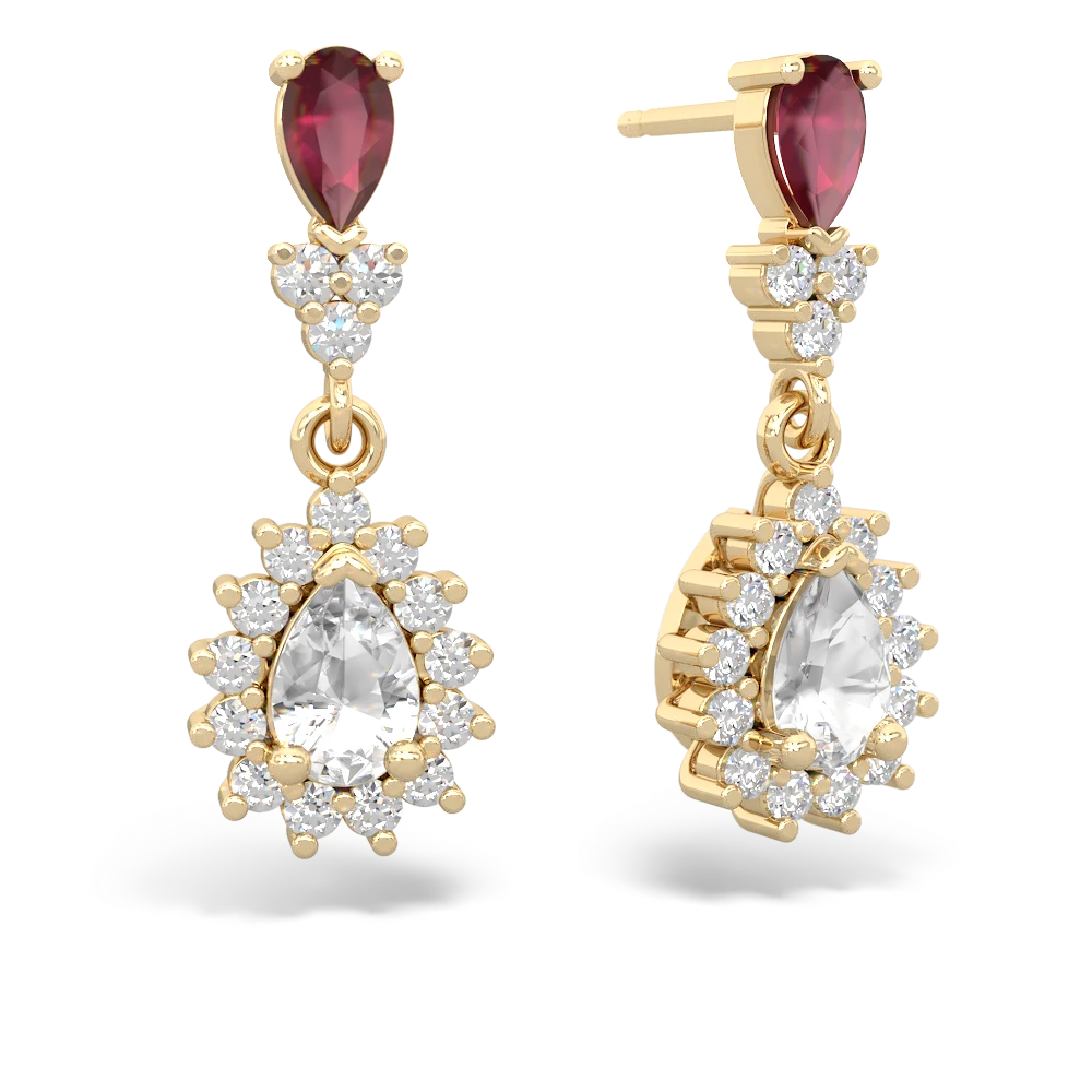 Ruby Halo Pear Dangle 14K Yellow Gold earrings E1882