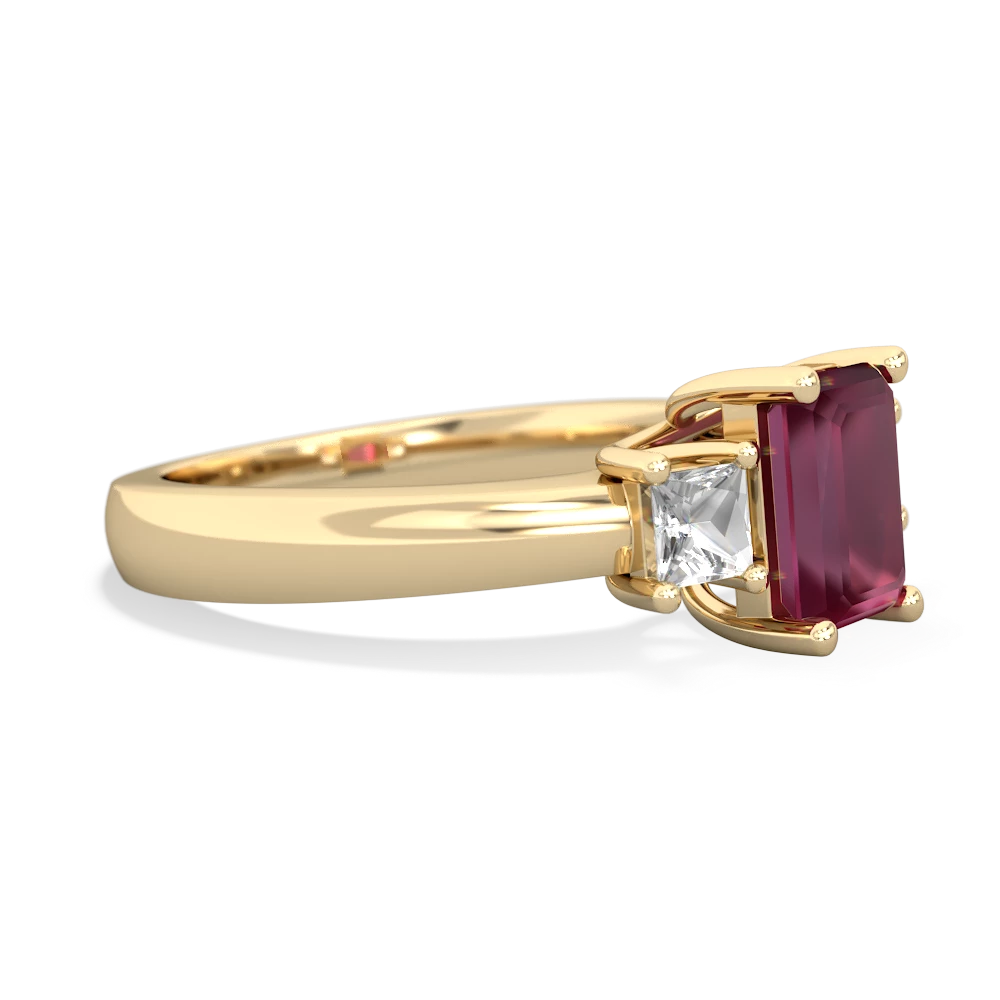 Ruby Three Stone Emerald-Cut Trellis 14K Yellow Gold ring R4021