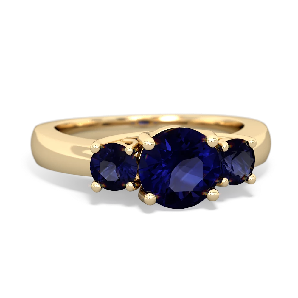 Lab Sapphire Three Stone Round Trellis 14K Yellow Gold ring R4018
