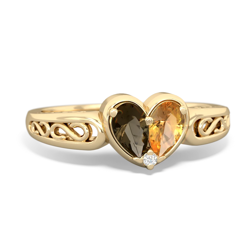 Smoky Quartz Filligree 'One Heart' 14K Yellow Gold ring R5070