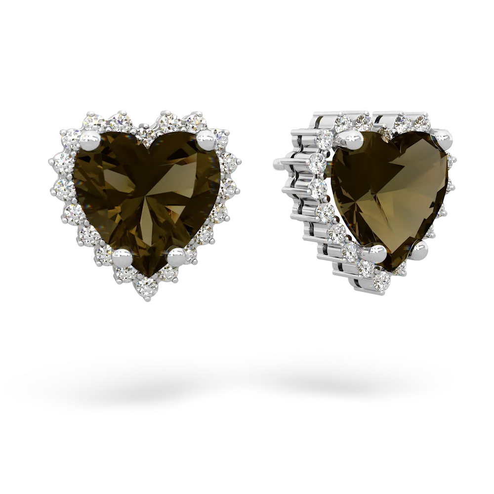 Smoky Quartz Sparkling Halo Heart 14K White Gold earrings E0391