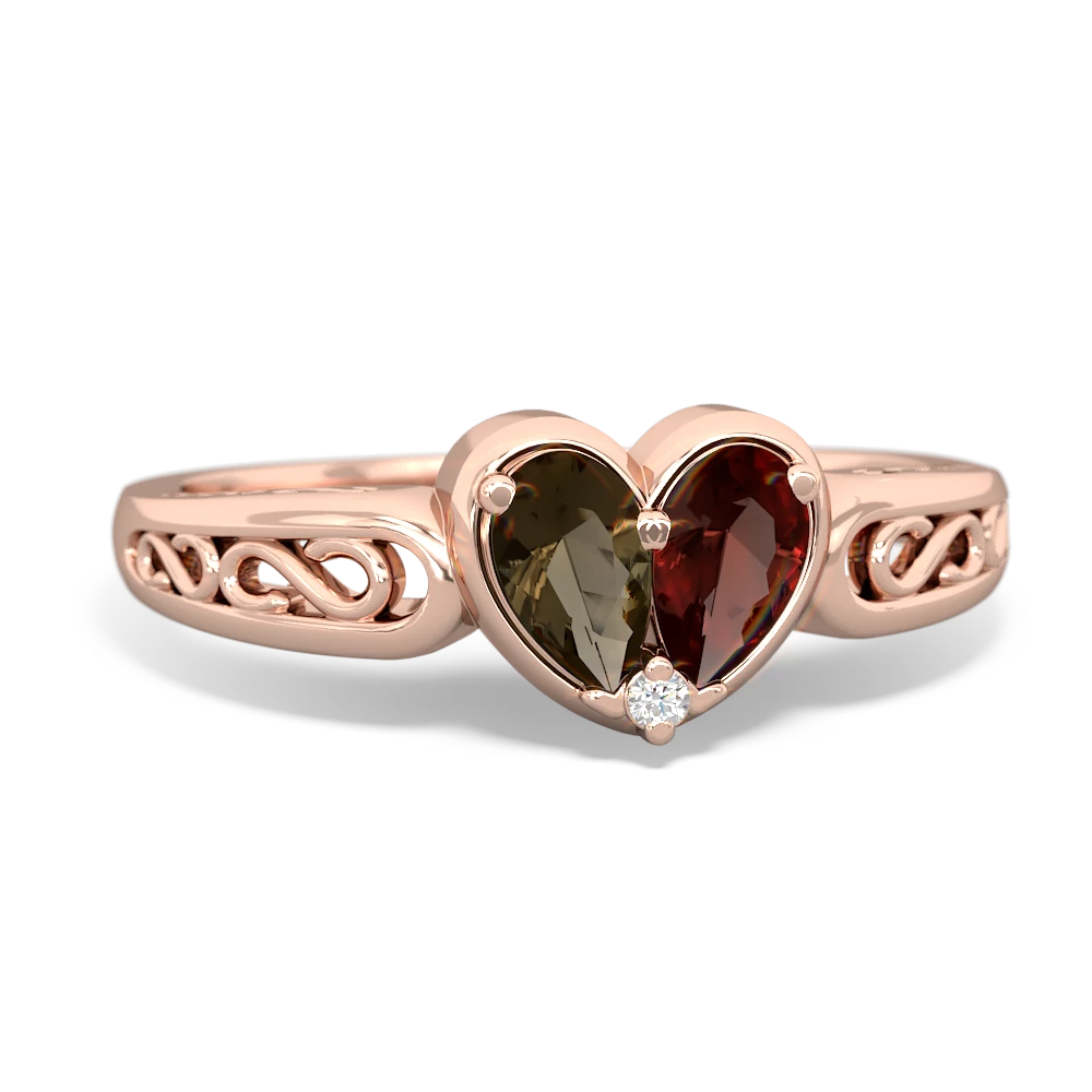 Smoky Quartz Filligree 'One Heart' 14K Rose Gold ring R5070