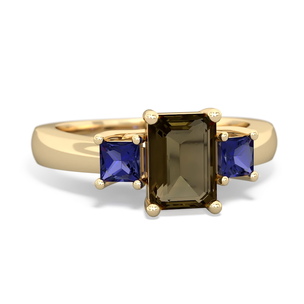 Smoky Quartz Three Stone Emerald-Cut Trellis 14K Yellow Gold ring R4021