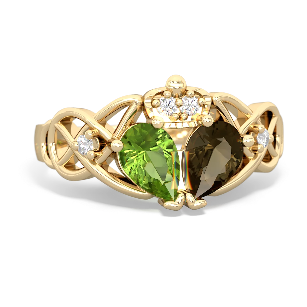 Smoky Quartz 'One Heart' Celtic Knot Claddagh 14K Yellow Gold ring R5322