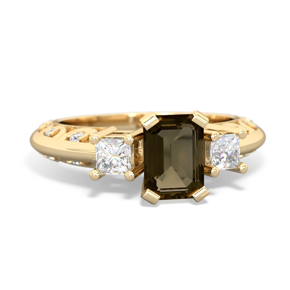 Smoky Quartz Art Deco Diamond 7X5 Emerald-Cut Engagement 14K Yellow Gold ring R20017EM