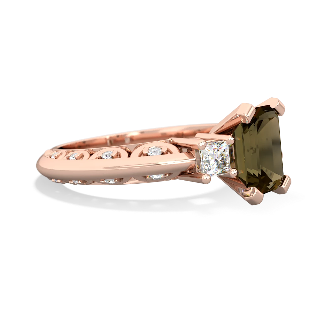Smoky Quartz Art Deco Diamond 8X6 Emerald-Cut Engagement 14K Rose Gold ring R20018EM