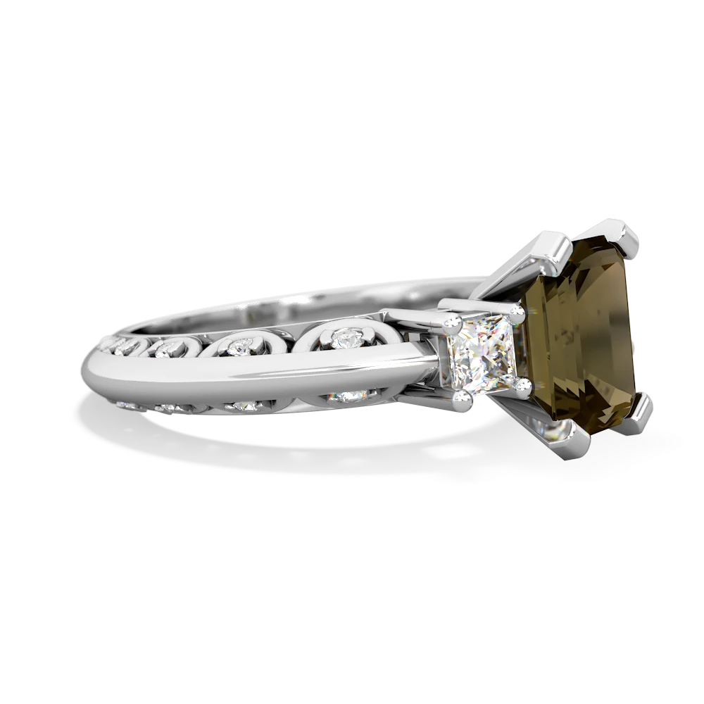 Smoky Quartz Art Deco Diamond 8X6 Emerald-Cut Engagement 14K White Gold ring R20018EM
