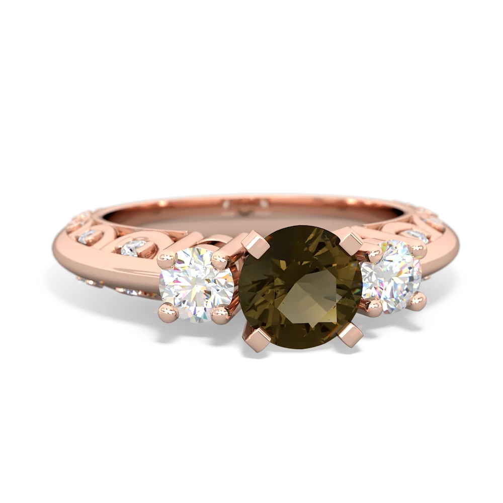 Smoky Quartz Art Deco Diamond 6Mm Round Engagment 14K Rose Gold ring R2003