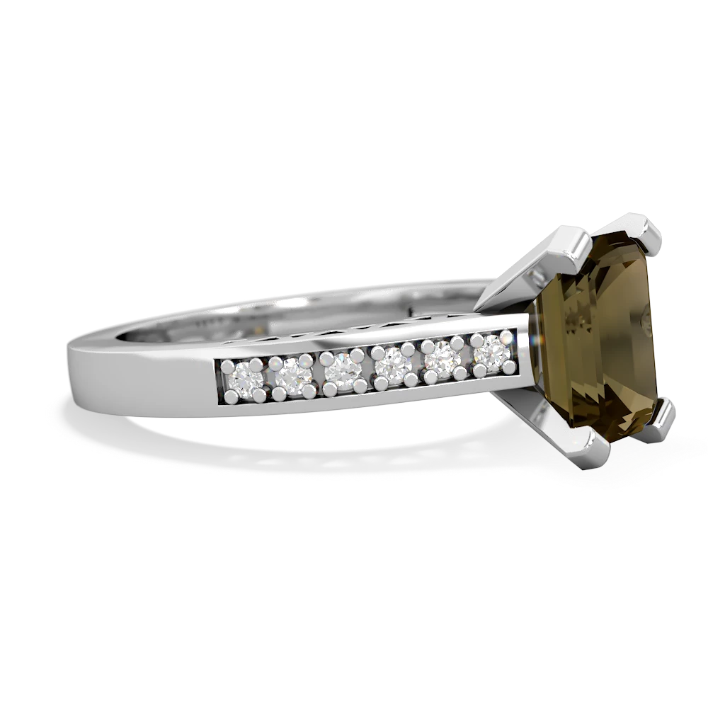 Smoky Quartz Art Deco Engagement 8X6mm Emerald-Cut 14K White Gold ring R26358EM