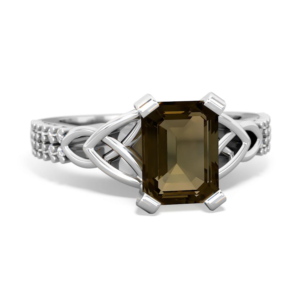 Smoky Quartz Celtic Knot 8X6 Emerald-Cut Engagement 14K White Gold ring R26448EM