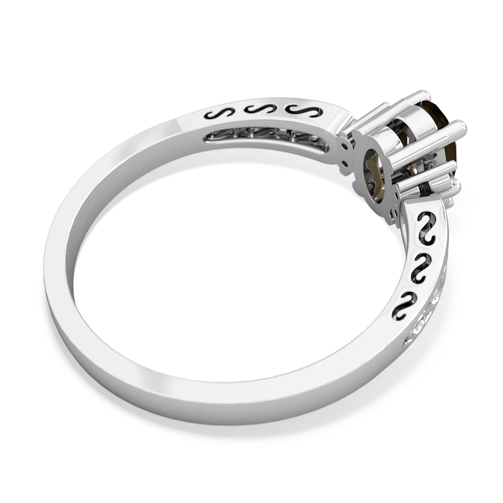 Smoky Quartz Filligree Scroll Oval 14K White Gold ring R0812