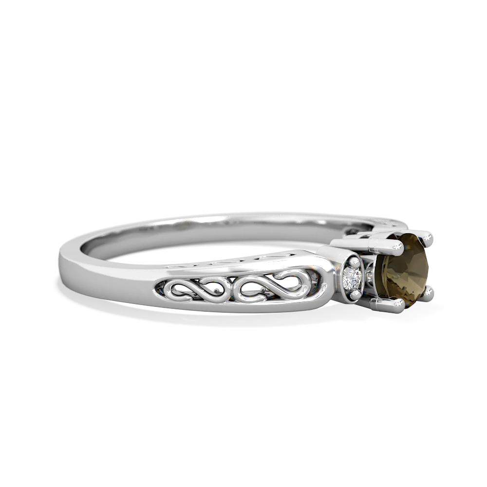Smoky Quartz Filligree Scroll Round 14K White Gold ring R0829