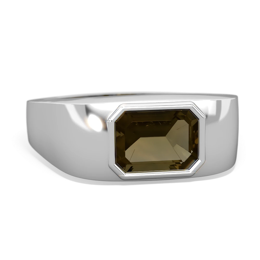 Smoky Quartz Men's Emerald-Cut Bezel 14K White Gold ring R0410