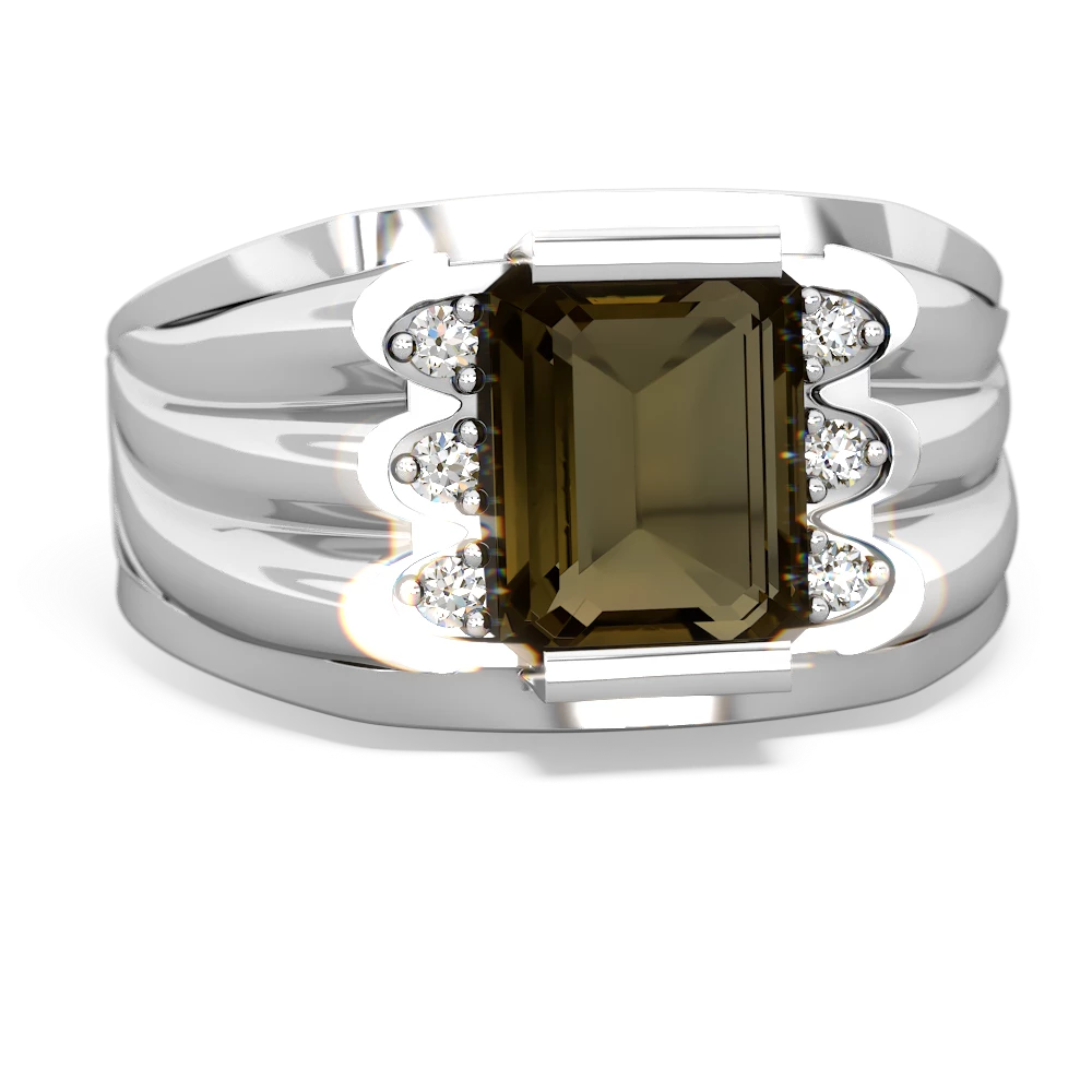 Smoky Quartz Men's 9X7mm Emerald-Cut 14K White Gold ring R1835