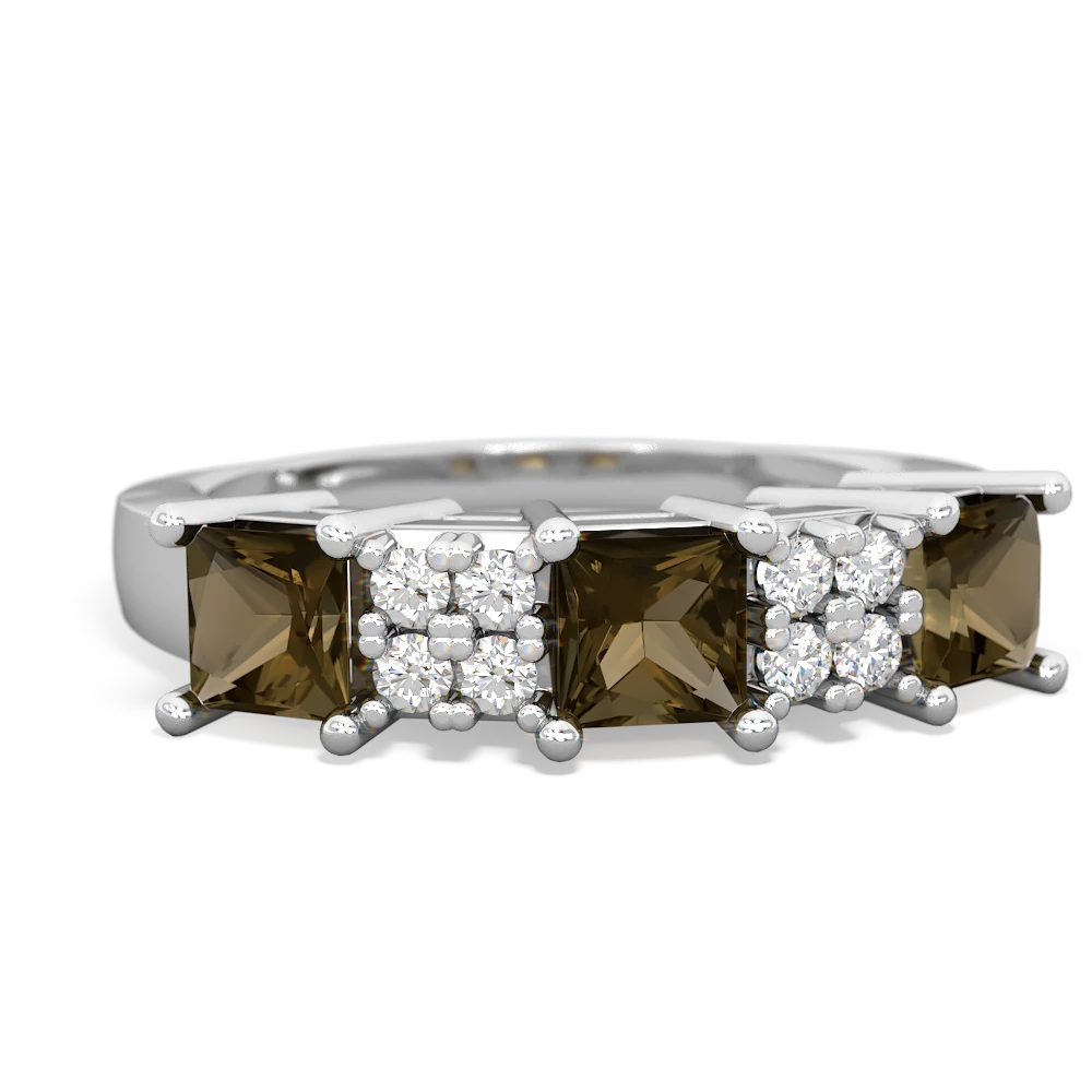 Smoky Quartz Three Stone Diamond Cluster 14K White Gold ring R2592