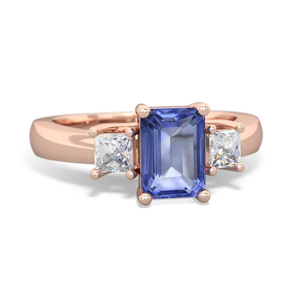 Tanzanite Diamond Three Stone Emerald-Cut Trellis 14K Rose Gold ring R4021