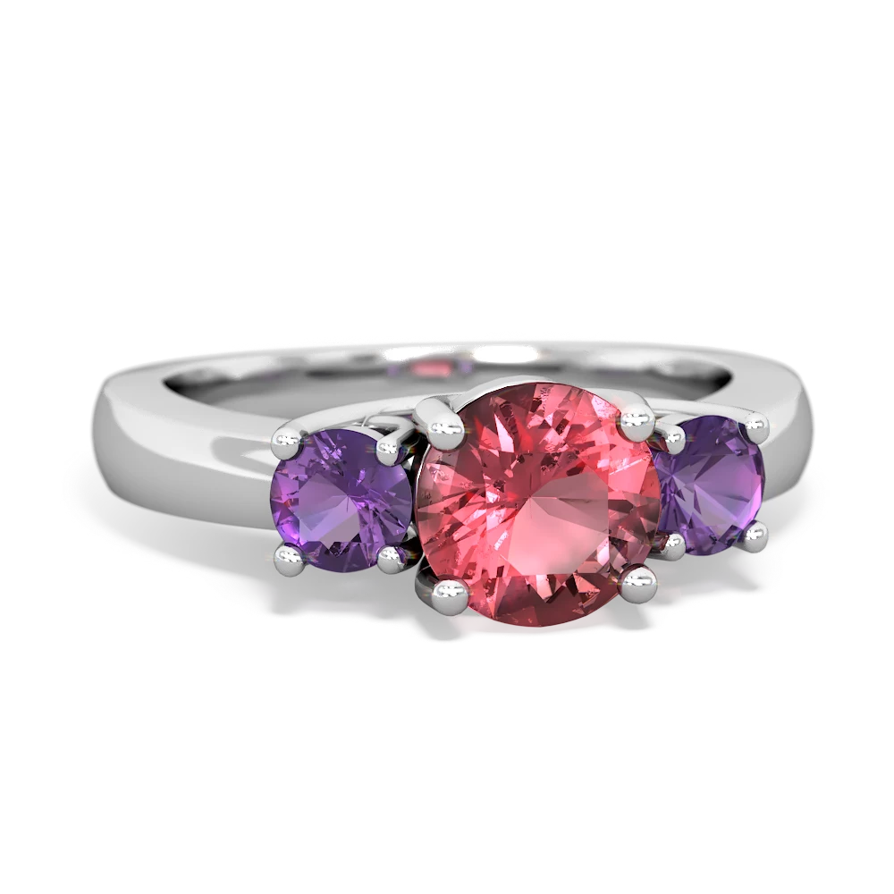 Pink Tourmaline Three Stone Round Trellis 14K White Gold ring R4018