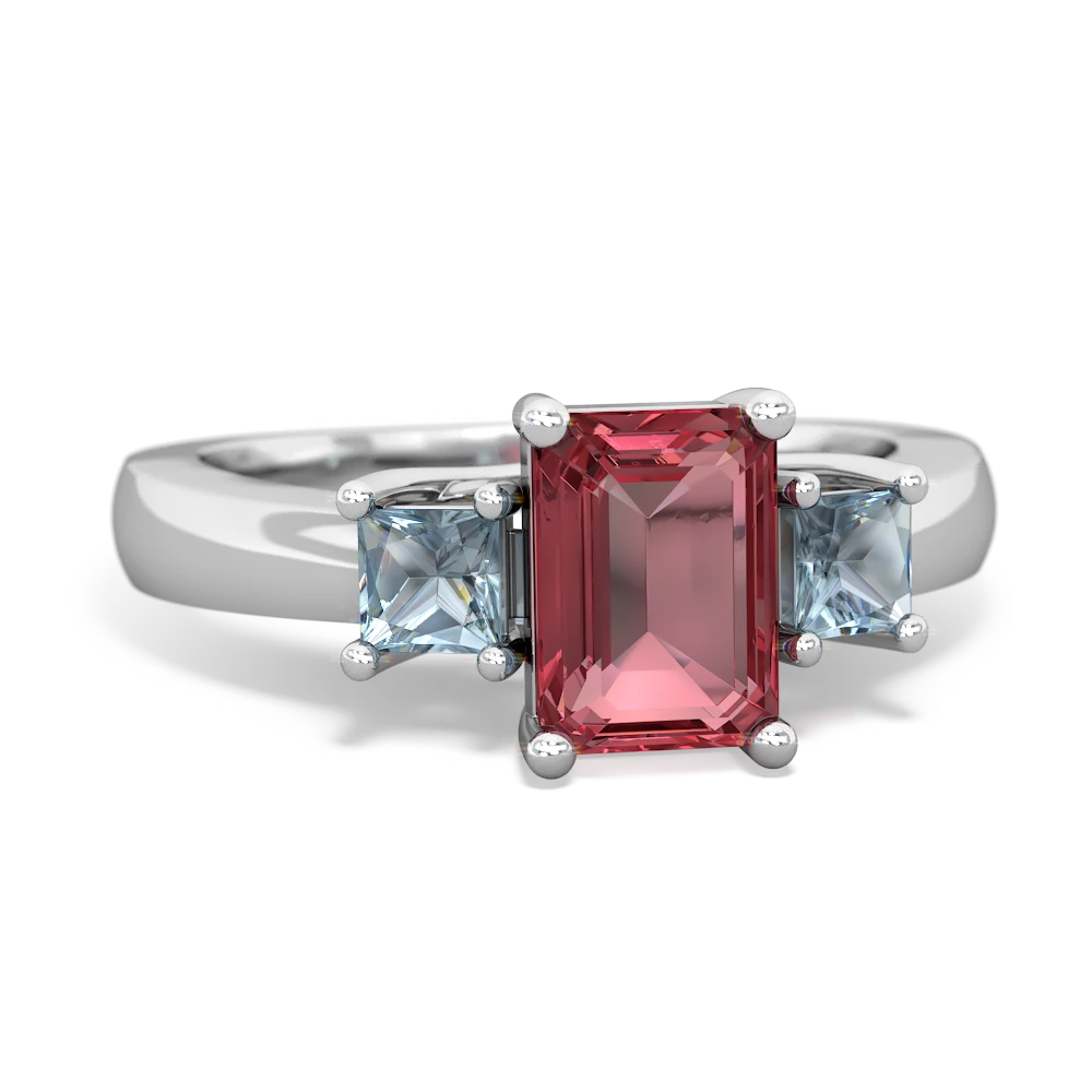 Pink Tourmaline Three Stone Emerald-Cut Trellis 14K White Gold ring R4021