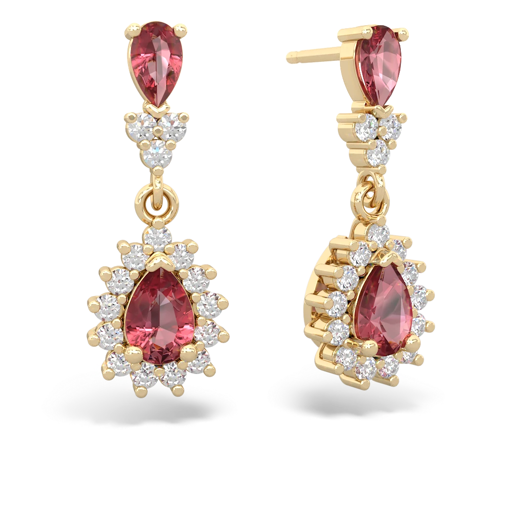 Pink Tourmaline Halo Pear Dangle 14K Yellow Gold earrings E1882