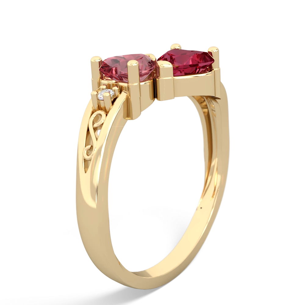 Pink Tourmaline Snuggling Hearts 14K Yellow Gold ring R2178