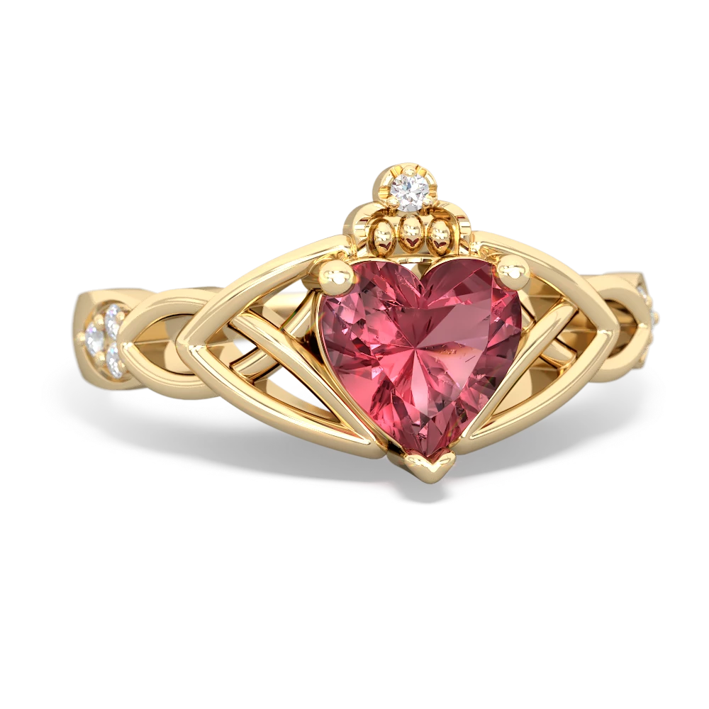 Pink Tourmaline Claddagh Celtic Knot Diamond 14K Yellow Gold ring R5001