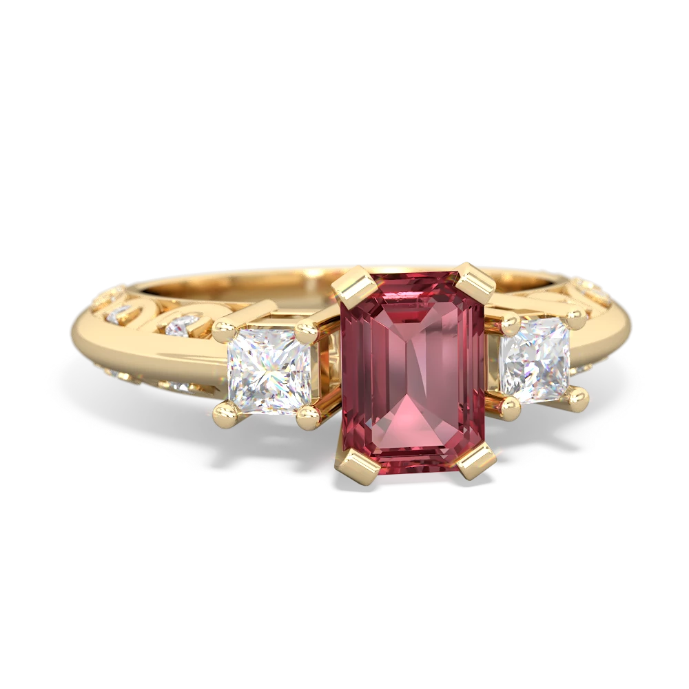 Pink Tourmaline Art Deco Diamond 7X5 Emerald-Cut Engagement 14K Yellow Gold ring R20017EM