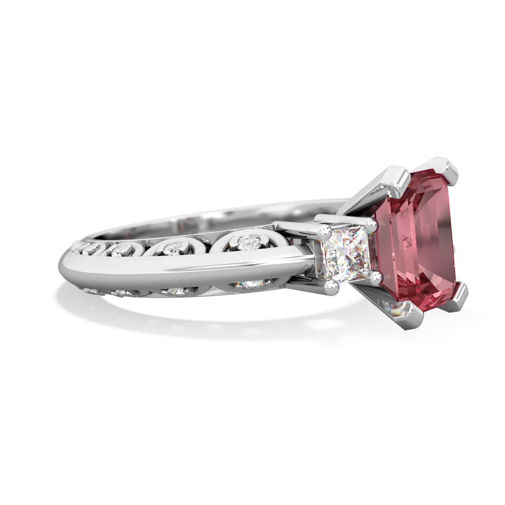 Pink Tourmaline Art Deco Diamond 8X6 Emerald-Cut Engagement 14K White Gold ring R20018EM