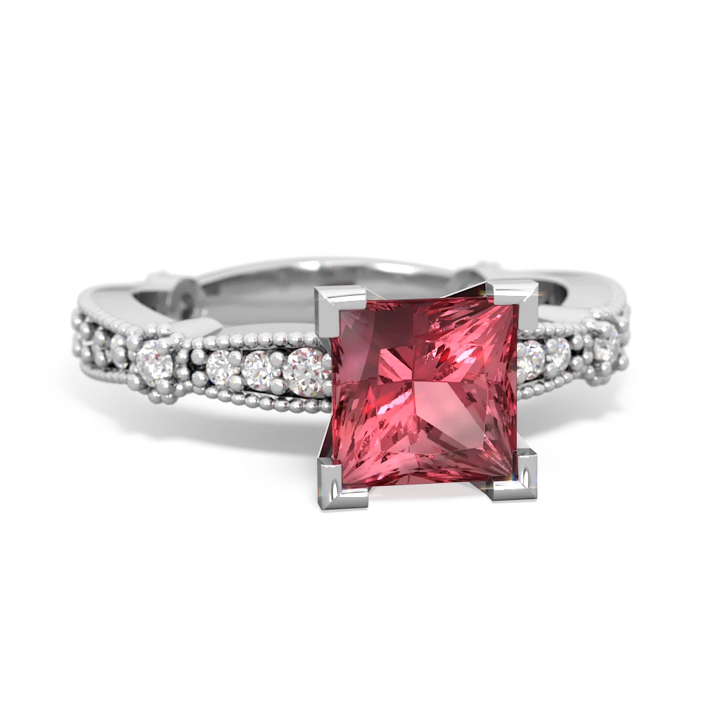 Pink Tourmaline Sparkling Tiara 6Mm Princess 14K White Gold ring R26296SQ