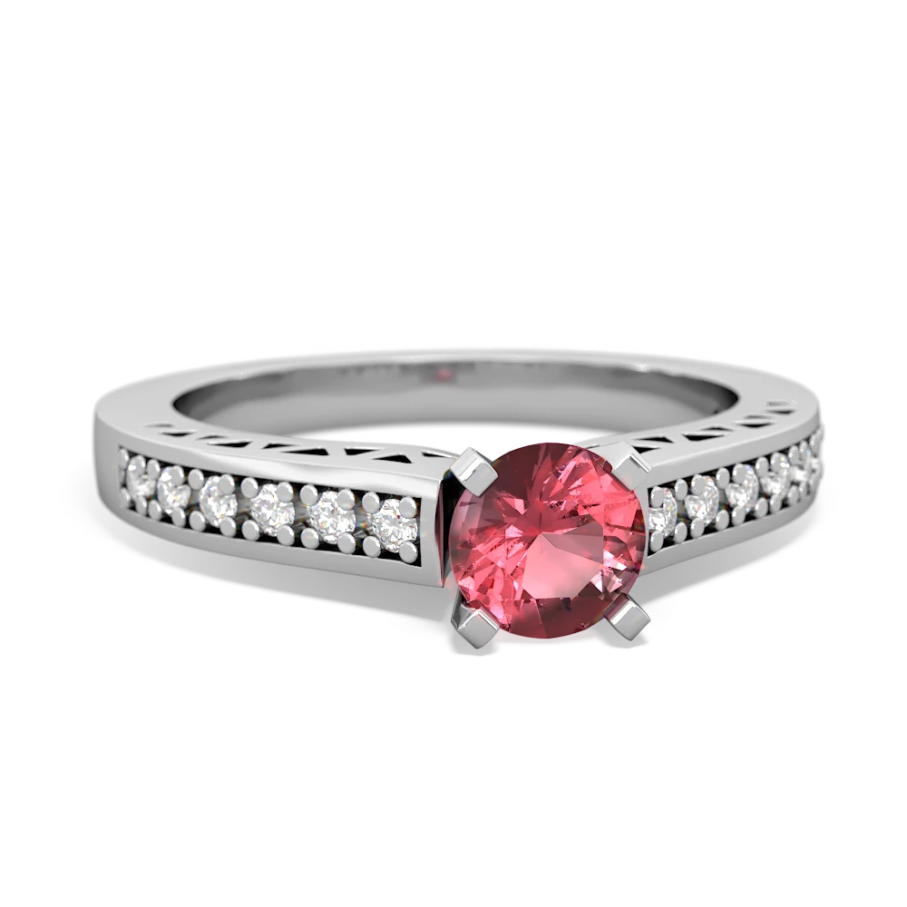 Pink Tourmaline Art Deco Engagement 5Mm Round 14K White Gold ring R26355RD