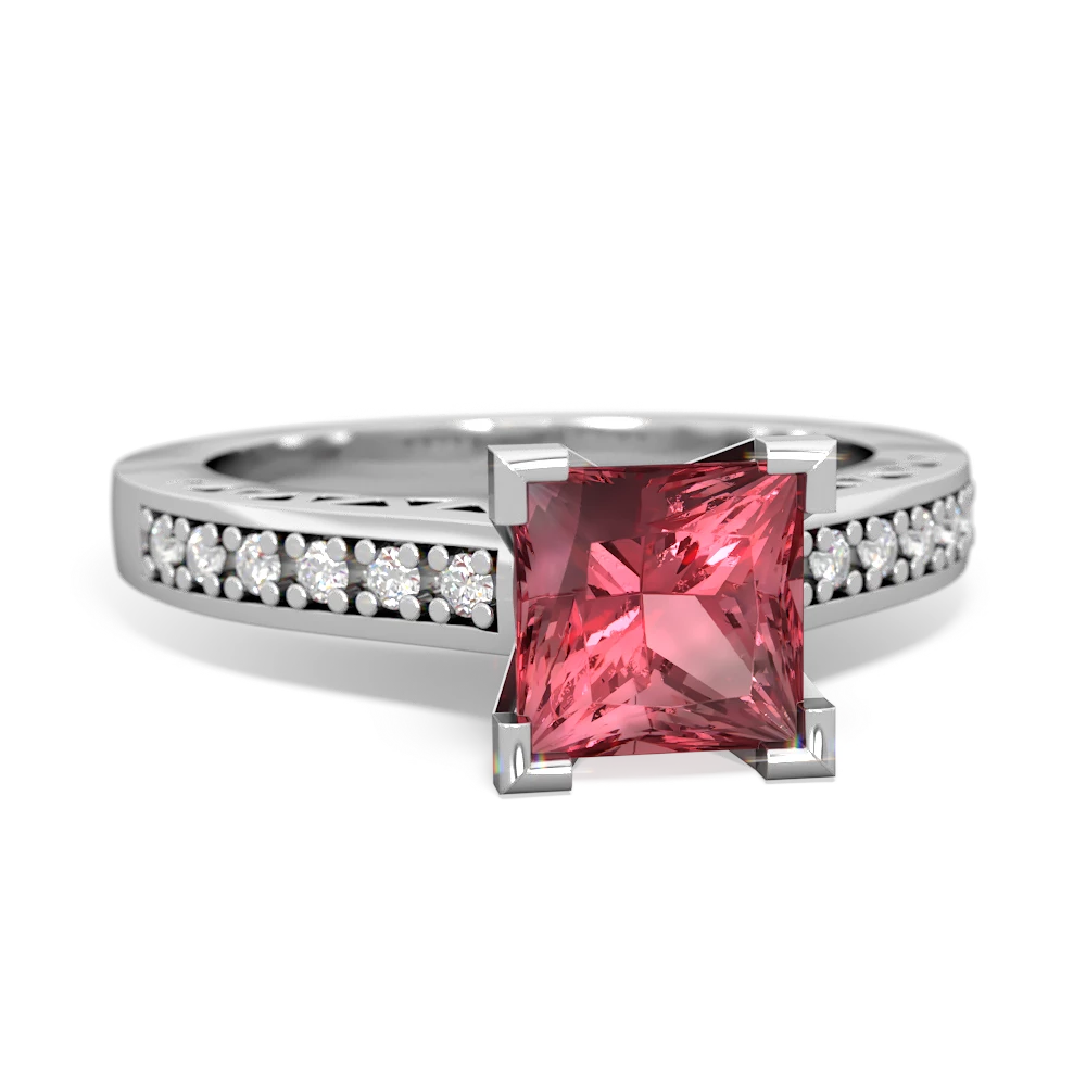 Pink Tourmaline Art Deco Engagement 6Mm Princess 14K White Gold ring R26356SQ