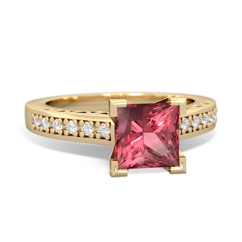 Pink Tourmaline Art Deco Engagement 6Mm Princess 14K Yellow Gold ring R26356SQ