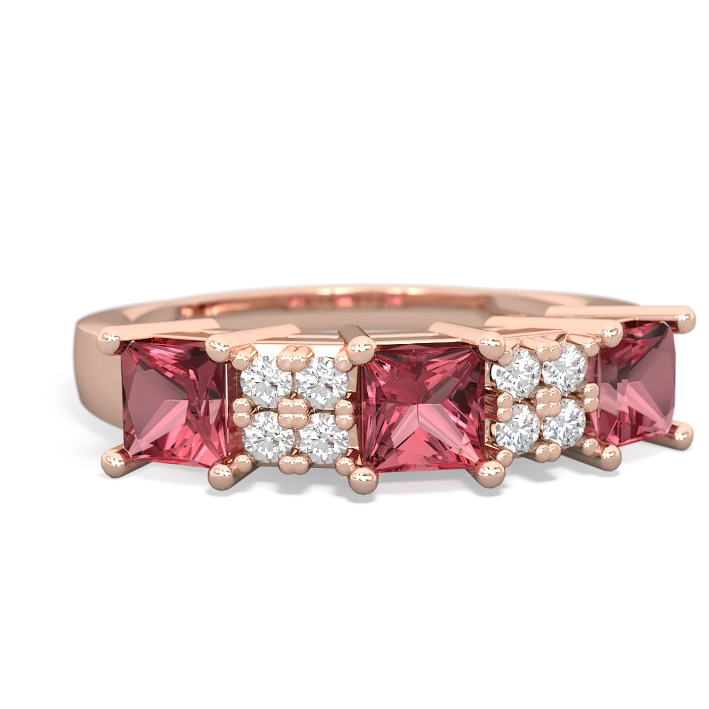 Pink Tourmaline Three Stone Diamond Cluster 14K Rose Gold ring R2592