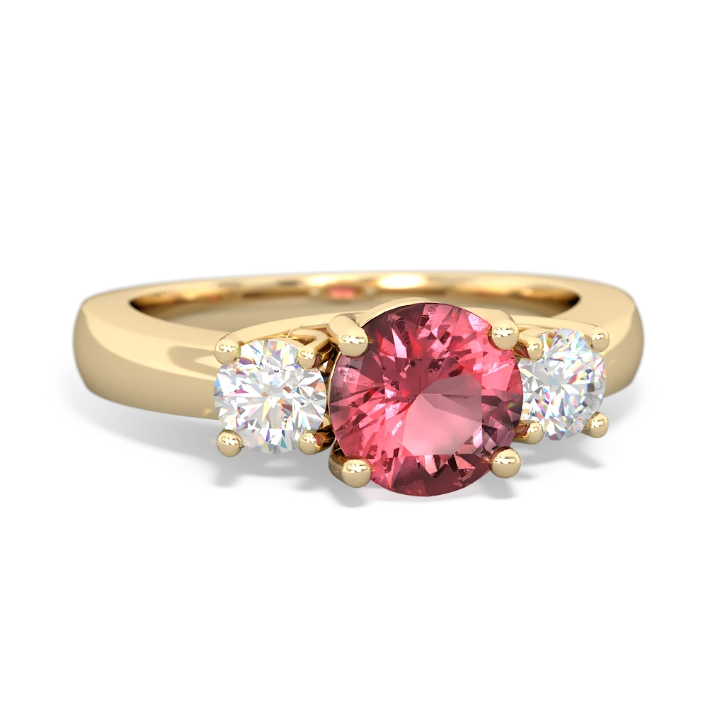 Pink Tourmaline Diamond Three Stone Round Trellis 14K Yellow Gold ring R4018