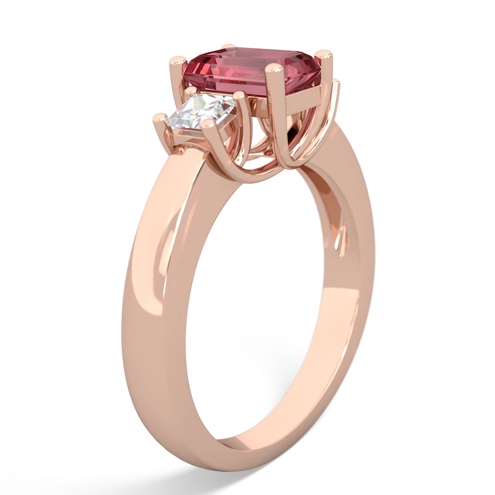 Pink Tourmaline Diamond Three Stone Emerald-Cut Trellis 14K Rose Gold ring R4021