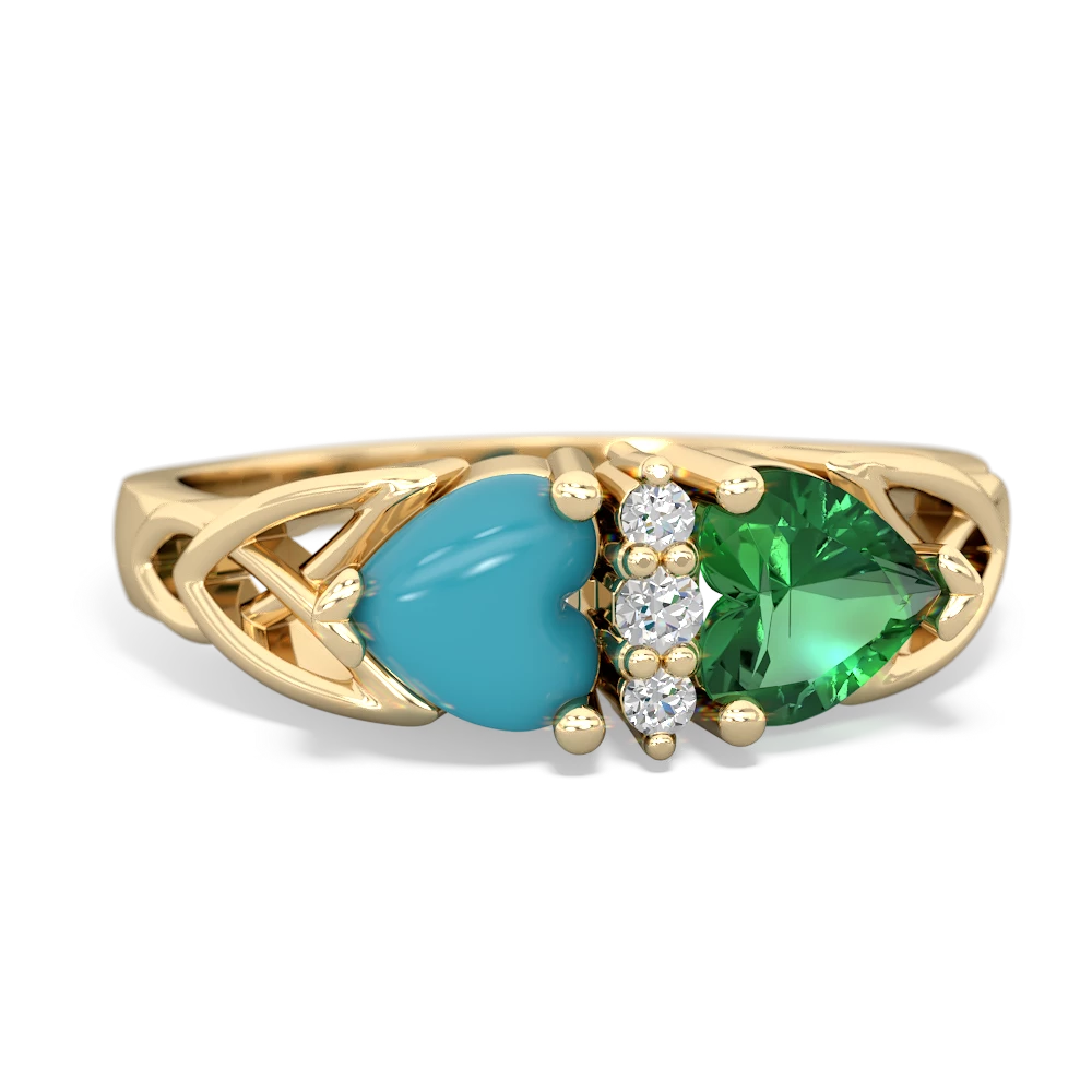 Turquoise Celtic Knot Double Heart 14K Yellow Gold ring R5040
