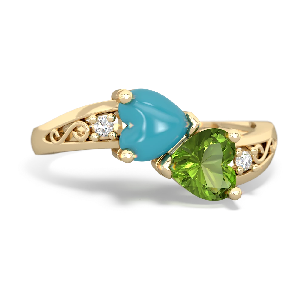 Turquoise Snuggling Hearts 14K Yellow Gold ring R2178