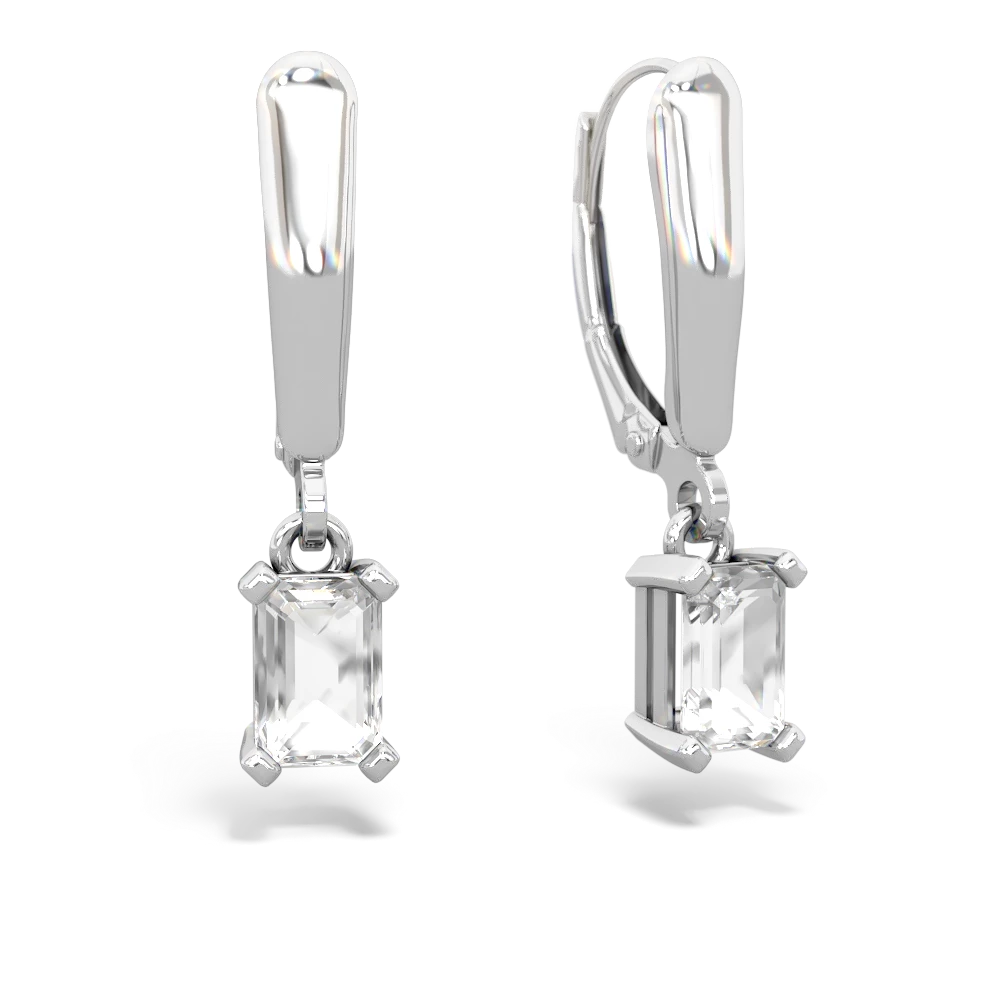 White Topaz 6X4mm Emerald-Cut Lever Back 14K White Gold earrings E2855