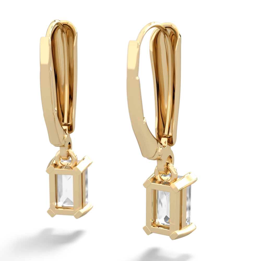 White Topaz 6X4mm Emerald-Cut Lever Back 14K Yellow Gold earrings E2855