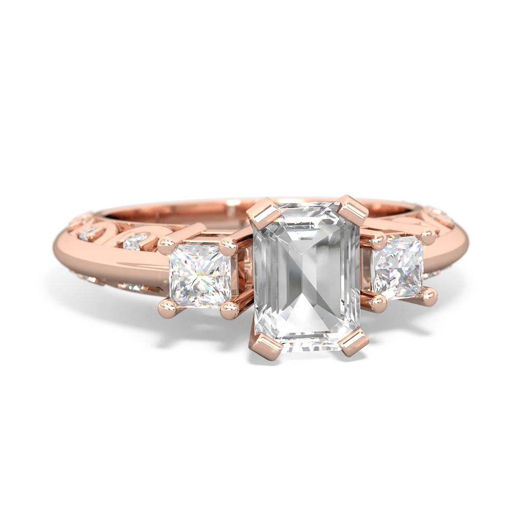 White Topaz Art Deco Diamond 7X5 Emerald-Cut Engagement 14K Rose Gold ring R20017EM