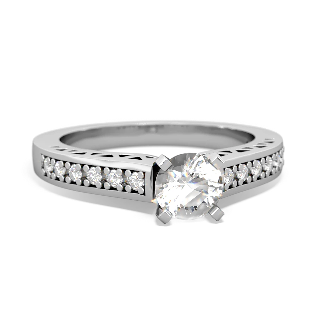 White Topaz Art Deco Engagement 5Mm Round 14K White Gold ring R26355RD