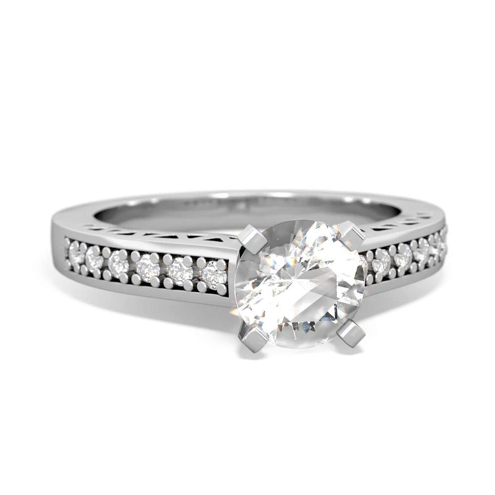 White Topaz Art Deco Engagement 6Mm Round 14K White Gold ring R26356RD