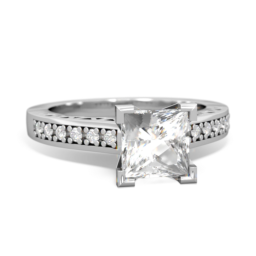 White Topaz Art Deco Engagement 6Mm Princess 14K White Gold ring R26356SQ