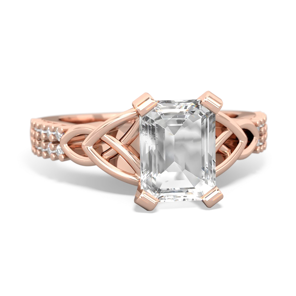 White Topaz Celtic Knot 8X6 Emerald-Cut Engagement 14K Rose Gold ring R26448EM