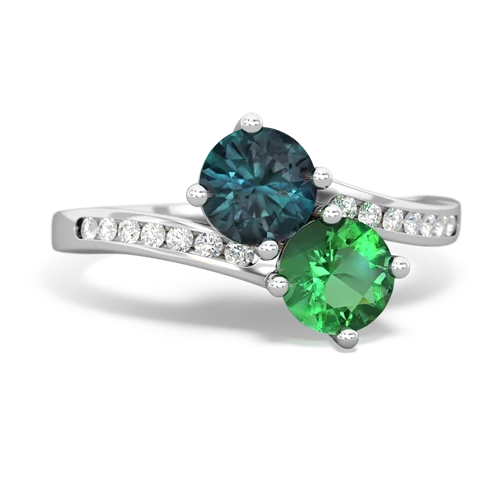 alexandrite-lab emerald two stone channel ring