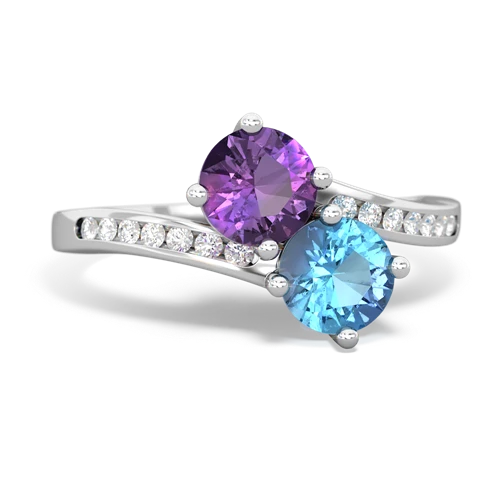 amethyst-blue topaz two stone channel ring
