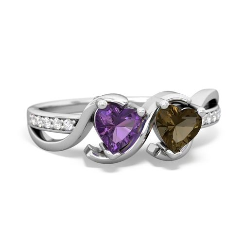 amethyst-smoky quartz double heart ring