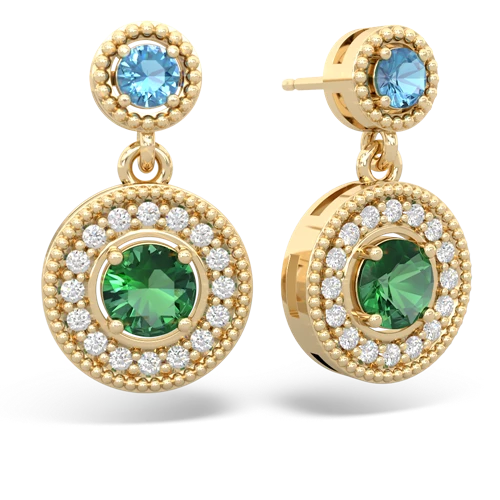 blue topaz-lab emerald halo earrings