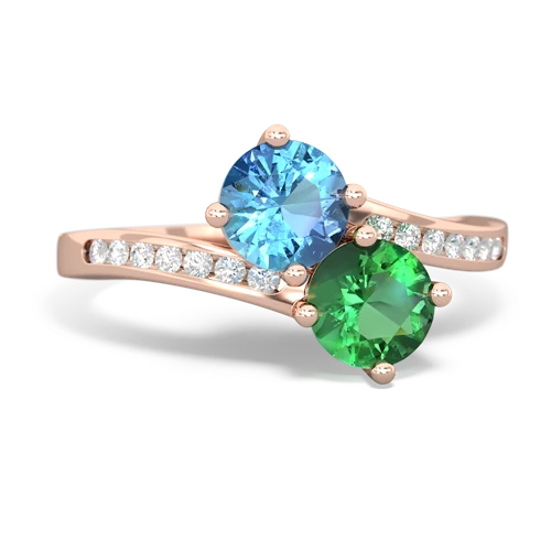 blue topaz-lab emerald two stone channel ring