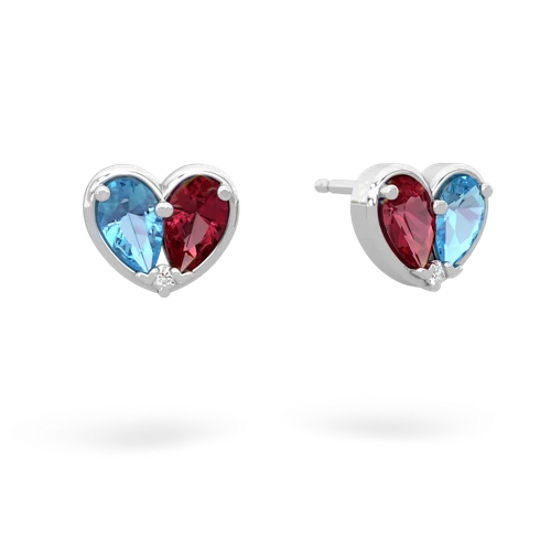 blue topaz-lab ruby one heart earrings